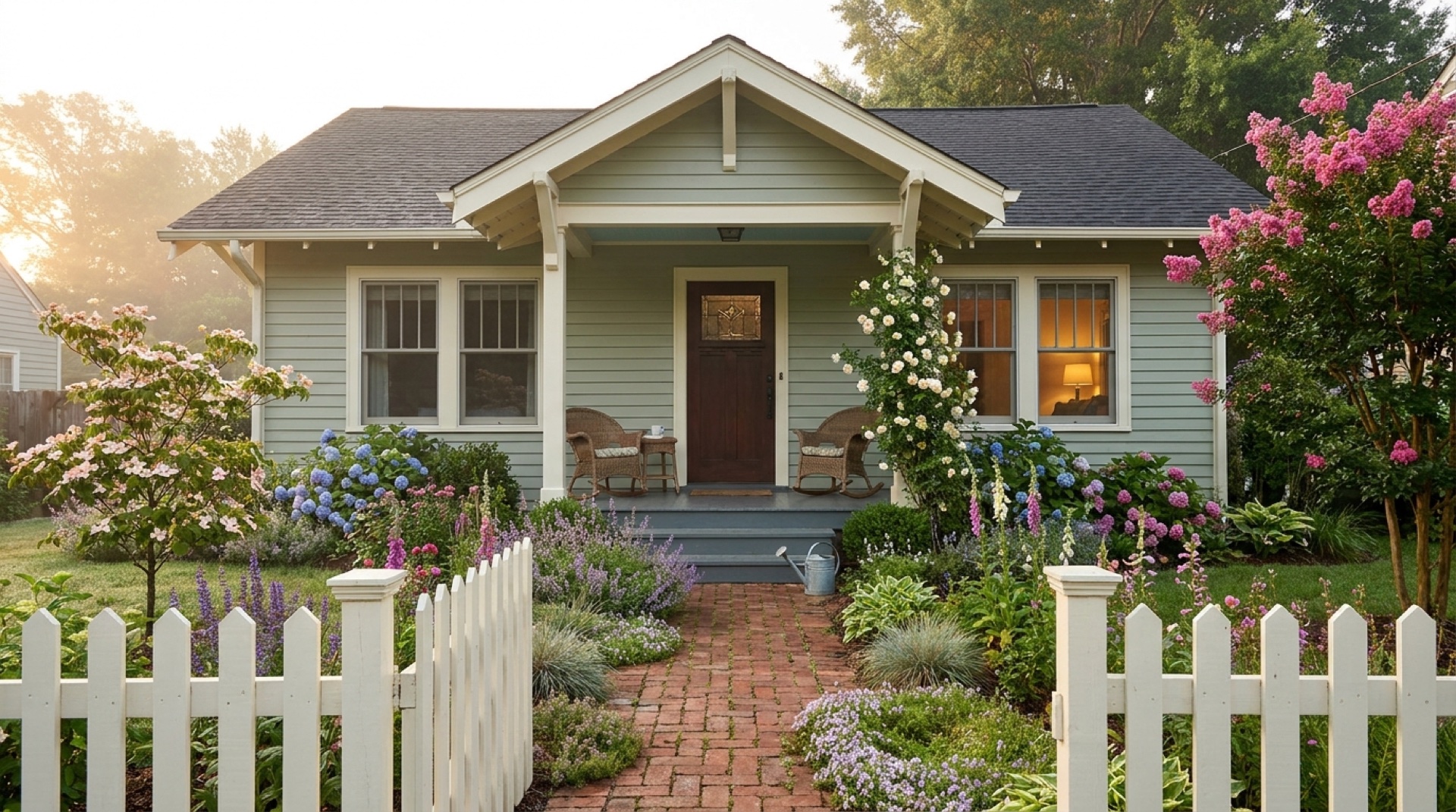 Small Craftsman bungalow at dawn with a cottage garden of hydrangeas and lavender lining the brick walkway, soft peach light catching the crepe myrtle.