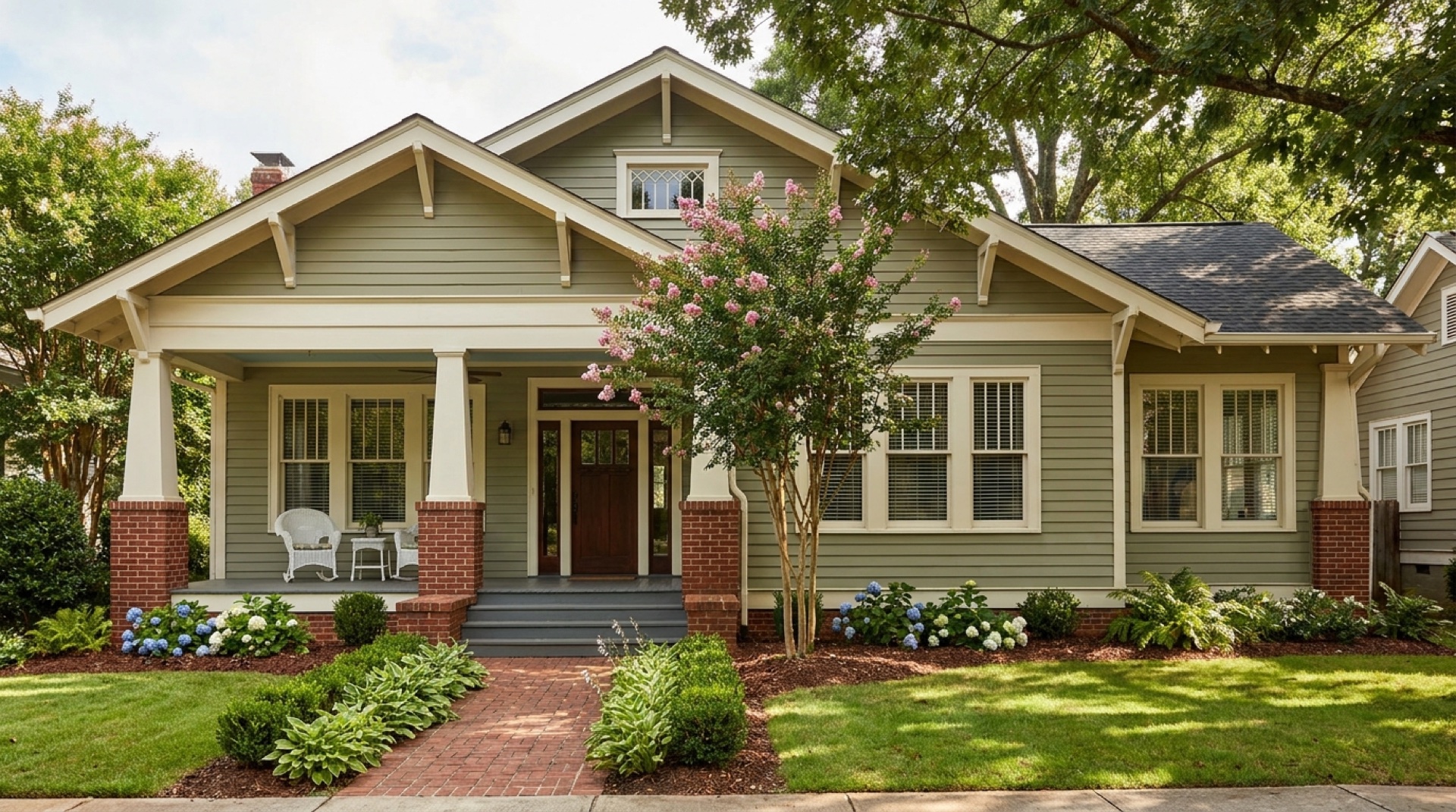 Mid-day sage-green Craftsman bungalow with a full-width front porch, white tapered columns on red-brick piers, pink crepe myrtle in bloom — classic Virginia-Highland vernacular.