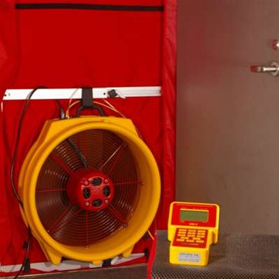 Blower door test rig sealed into a front door during an ECS home energy audit.